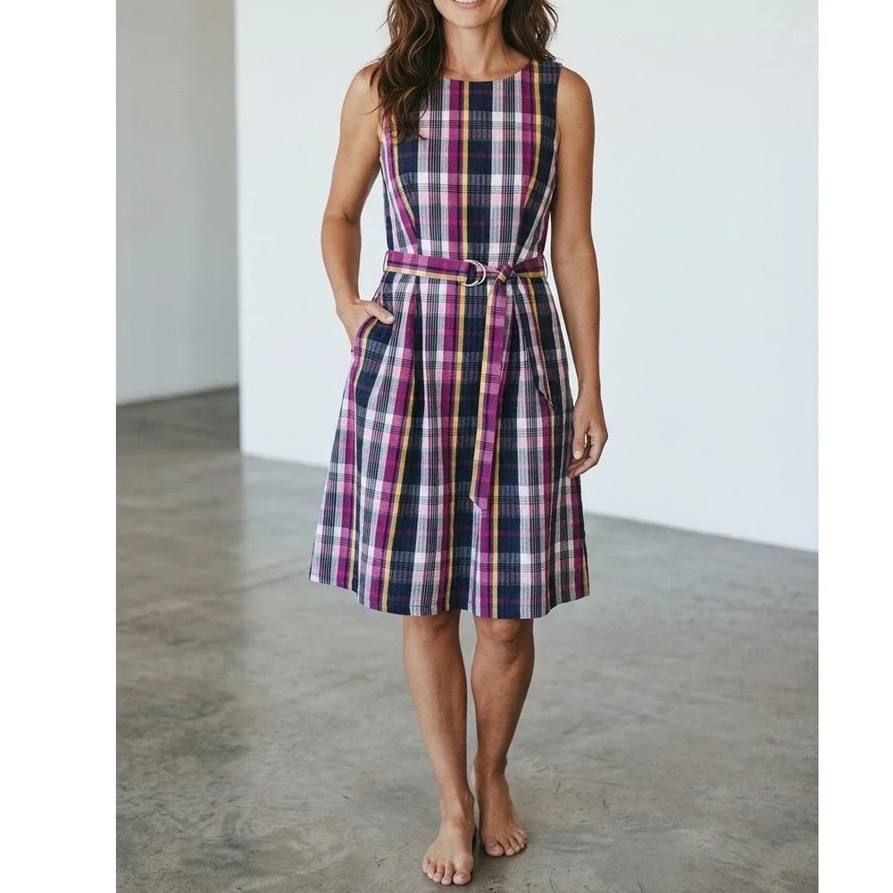 Anne Klein Womens Plaid Sleeveless Fit Flare Belted Dress Magenta Navy Yellow 12 - Picture 1 of 13